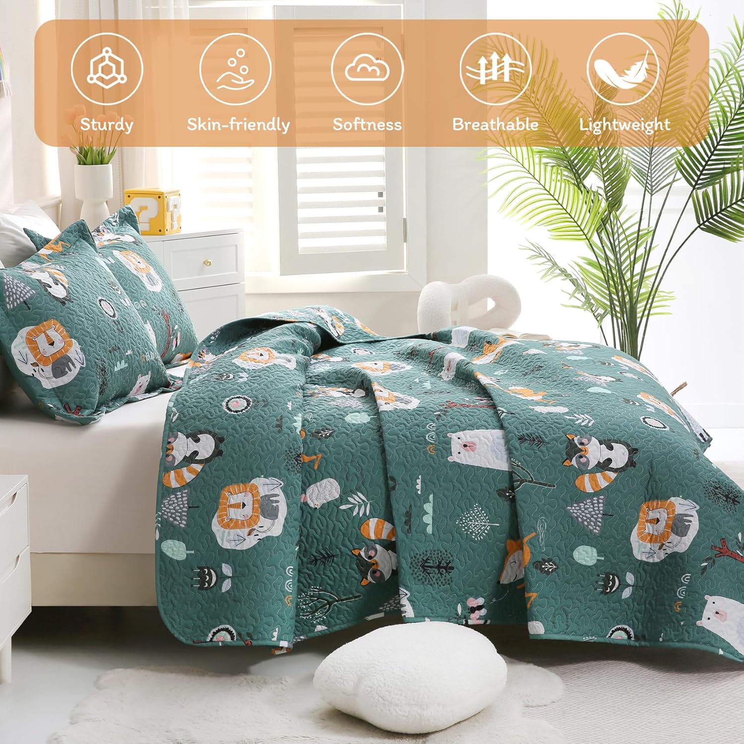 Green Forest Animal Kids Quilt Set Full/Queen, Boys Girls Printed Bedspread Coverlet with Pillow Shams
