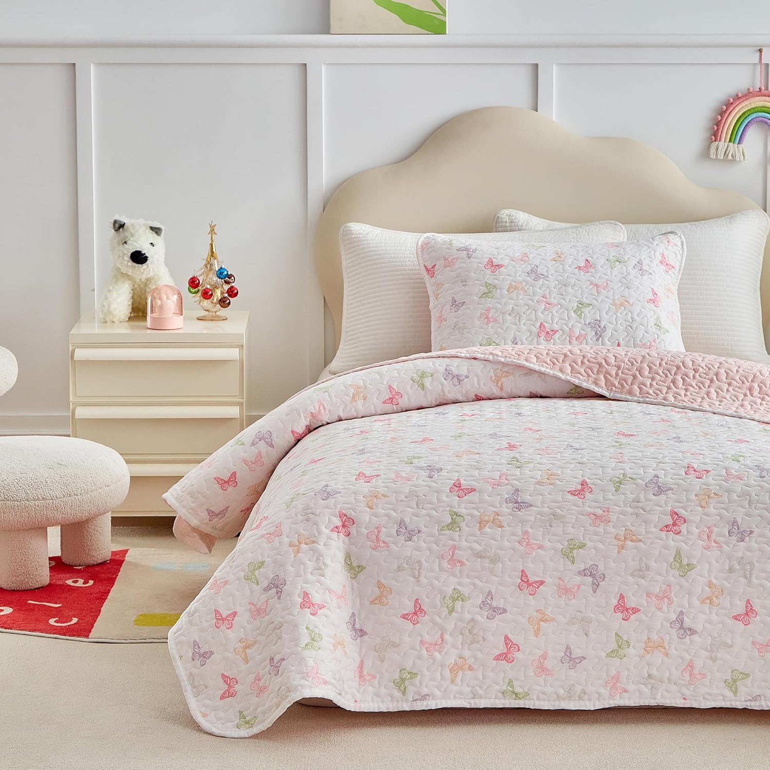 Quilt Set for Girls, Colorful Butterflies Pink Design, 2pcs Soft n Cozy Microfiber Quilt
