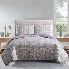 Bohemian Quilt Set Full Queen Size 3 Piece, Cosima Striped Pattern Printed Bedding Coverlet Set, Lightweight Soft Reversible Bedspread Sets for All Season