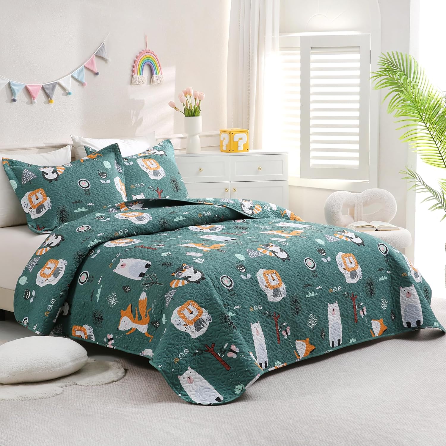 Green Forest Animal Kids Quilt Set Full/Queen, Boys Girls Printed Bedspread Coverlet with Pillow Shams