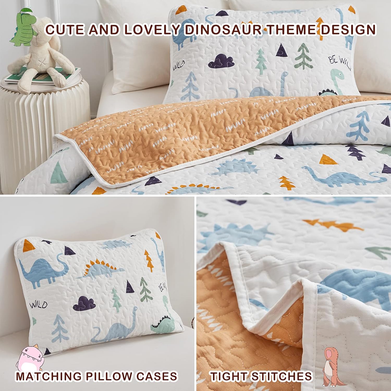 2-Piece Cotton Quilt Set Twin, Cute Dinosaur Reversible Design for Kids Boys n Girls, Breathable Skin-friendly Quilt Bedspread Bed Cover for All Season