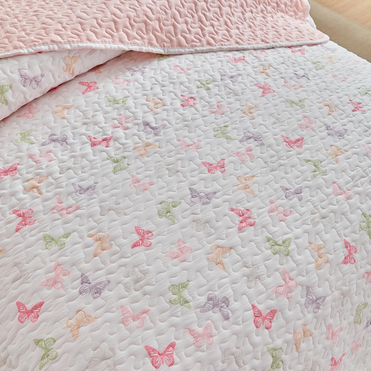Quilt Set for Girls, Colorful Butterflies Pink Design, 2pcs Soft n Cozy Microfiber Quilt
