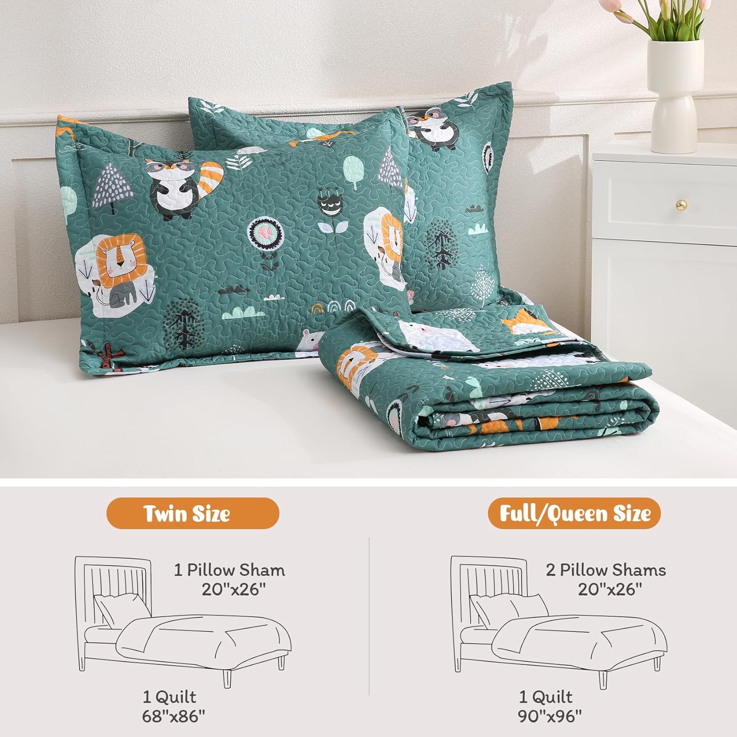 Green Forest Animal Kids Quilt Set Full/Queen, Boys Girls Printed Bedspread Coverlet with Pillow Shams