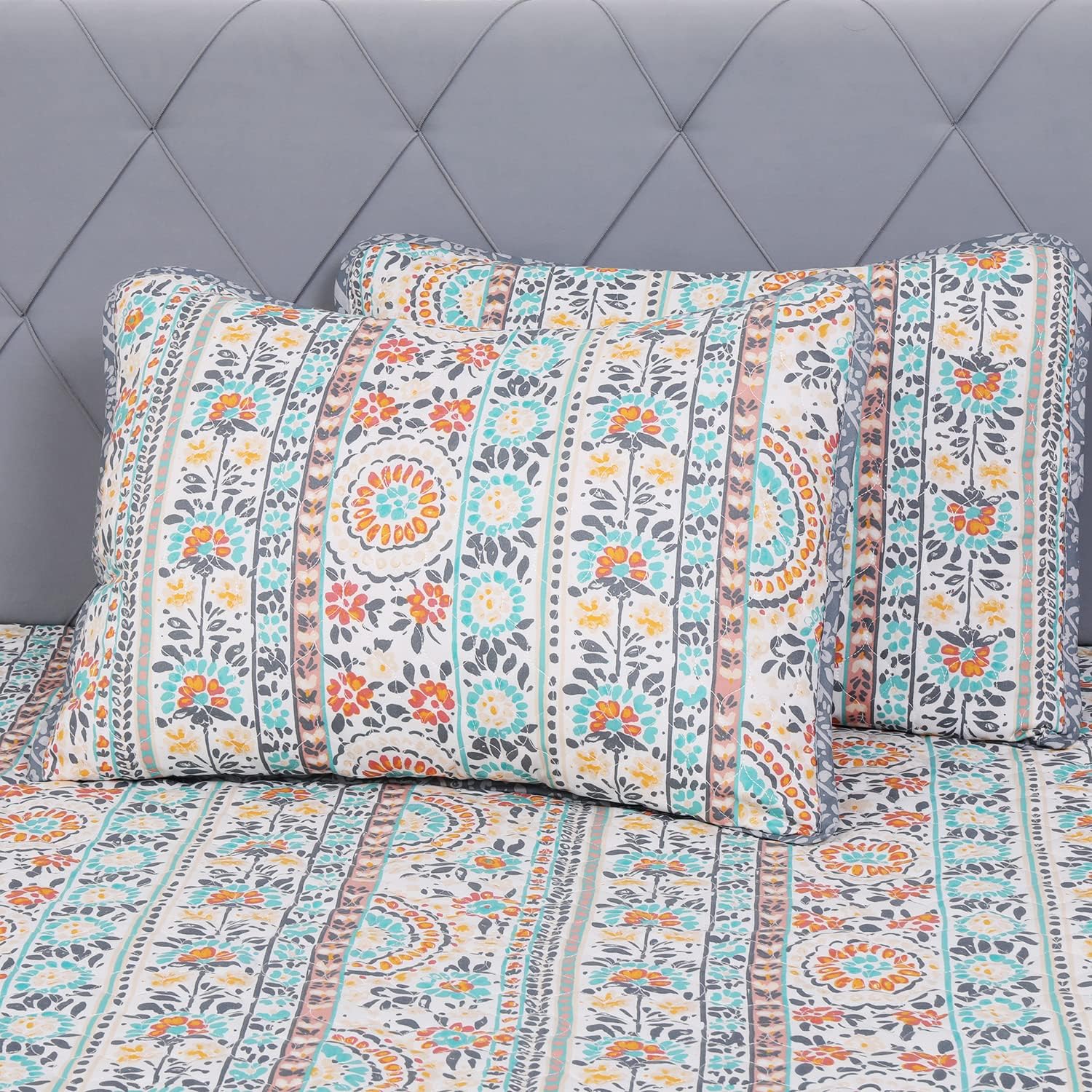 Bohemian Quilt Set Full Queen Size 3 Piece, Cosima Striped Pattern Printed Bedding Coverlet Set, Lightweight Soft Reversible Bedspread Sets for All Season