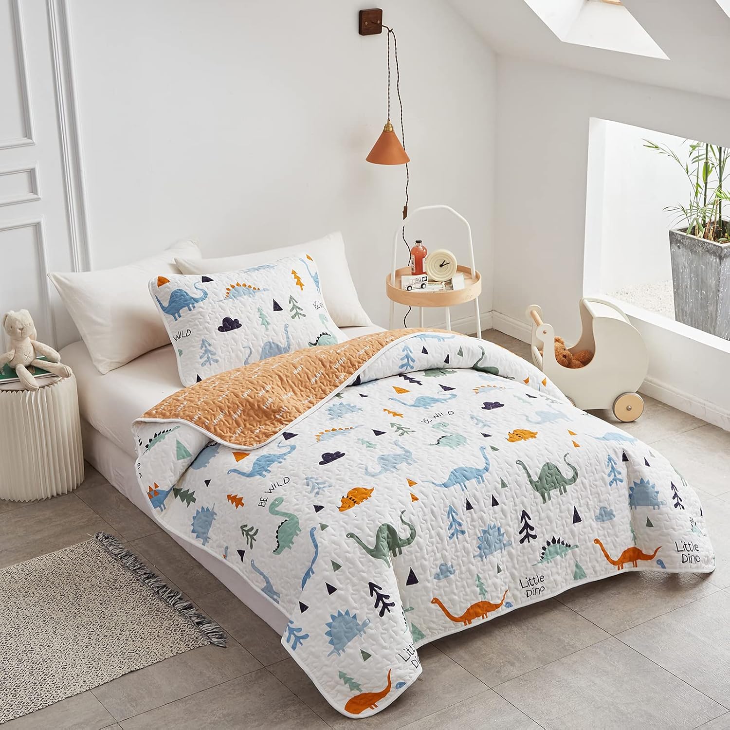 2-Piece Cotton Quilt Set Twin, Cute Dinosaur Reversible Design for Kids Boys n Girls, Breathable Skin-friendly Quilt Bedspread Bed Cover for All Season