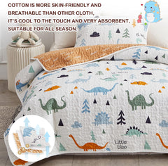 2-Piece Cotton Quilt Set Twin, Cute Dinosaur Reversible Design for Kids Boys n Girls, Breathable Skin-friendly Quilt Bedspread Bed Cover for All Season