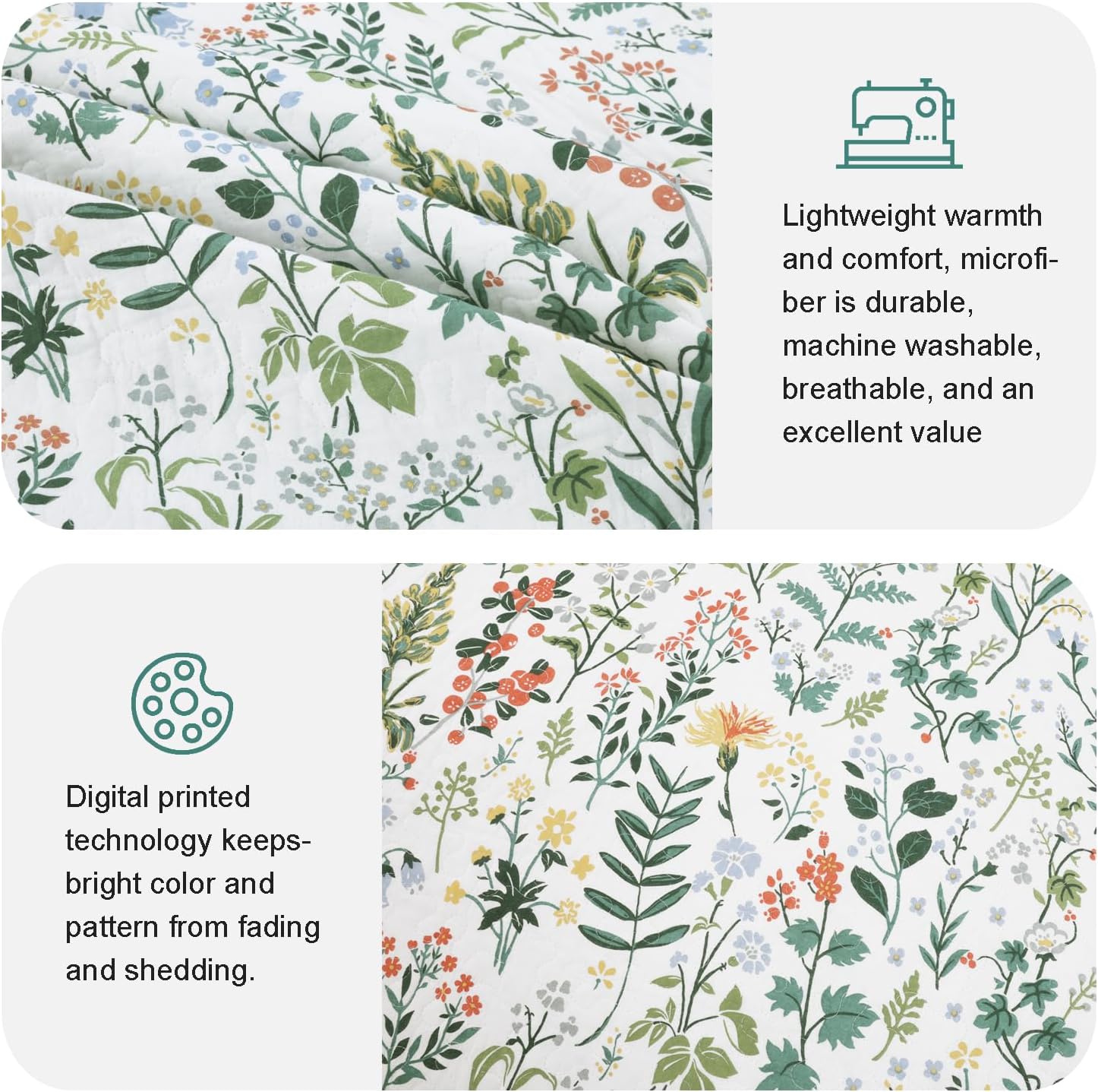 100% Cotton Quilt Set Full Queen Size 3 Piece, Garden Style Floral Printed Bedding Coverlet Set, Lightweight Soft Reversible Bedspread Sets for All Season (1 Quilt & 2 Pillow Shams)