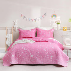 Gradient Pink Stars Kids Quilt Set Full/Queen, Space Theme Girls Bedspread Coverlet with Pillow Shams, Soft Lightweight Summer Quilted Blanket
