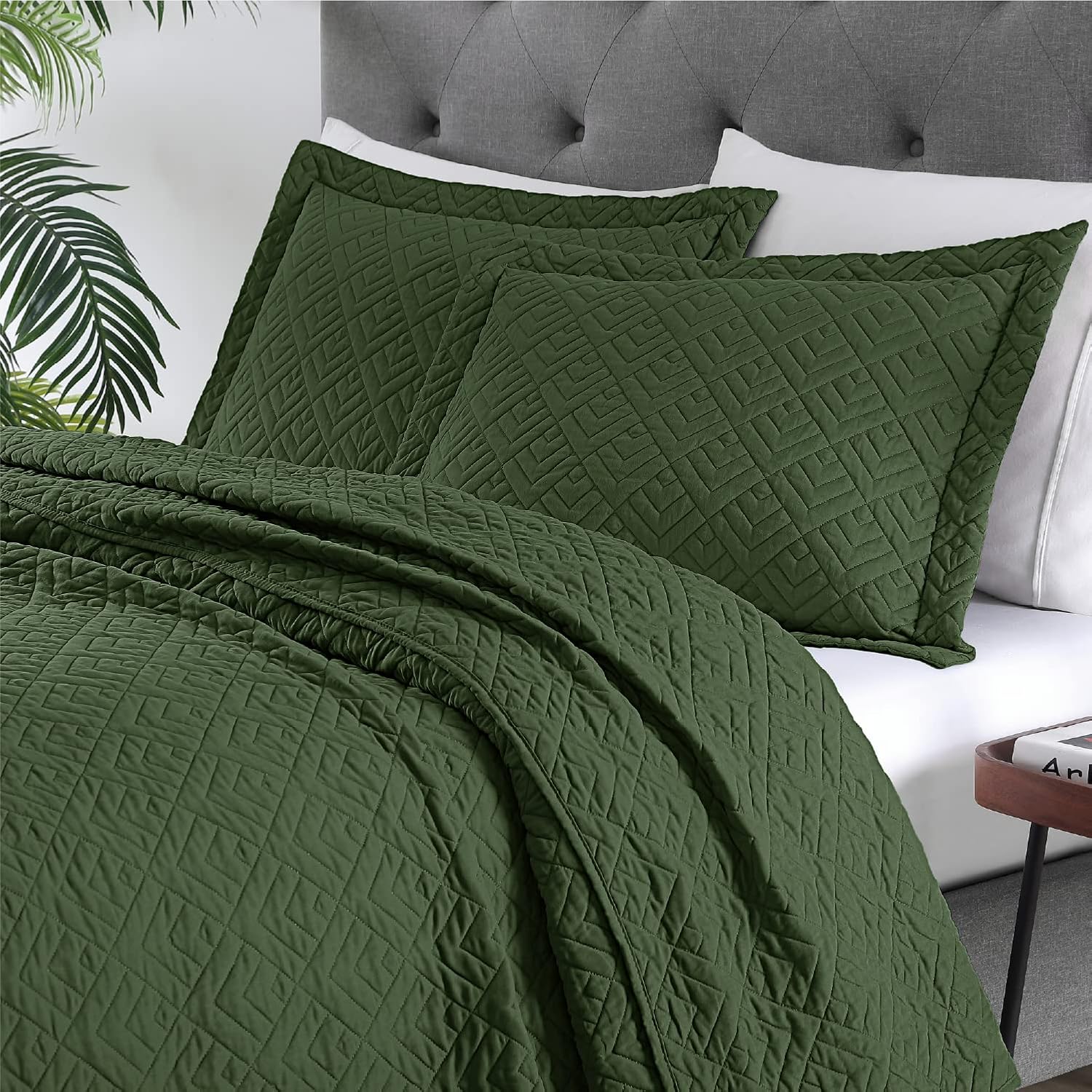 Quilt Set Full Quilts Queen Size Olive Green 3 Piece,Lightweight Soft Coverlet Modern Style Squares Pattern Bedspread Set