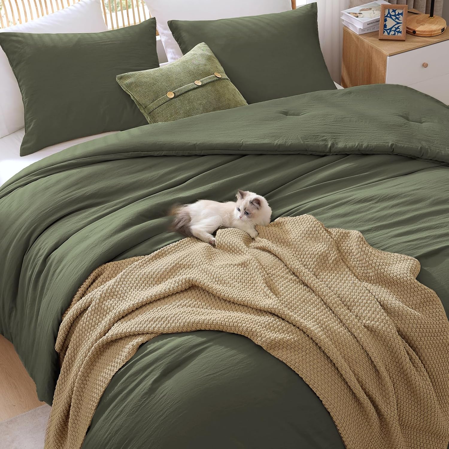 Comforter Set - 3 Pieces Prewashed Olive Green Comforter Soft Lightweight for All Seasons