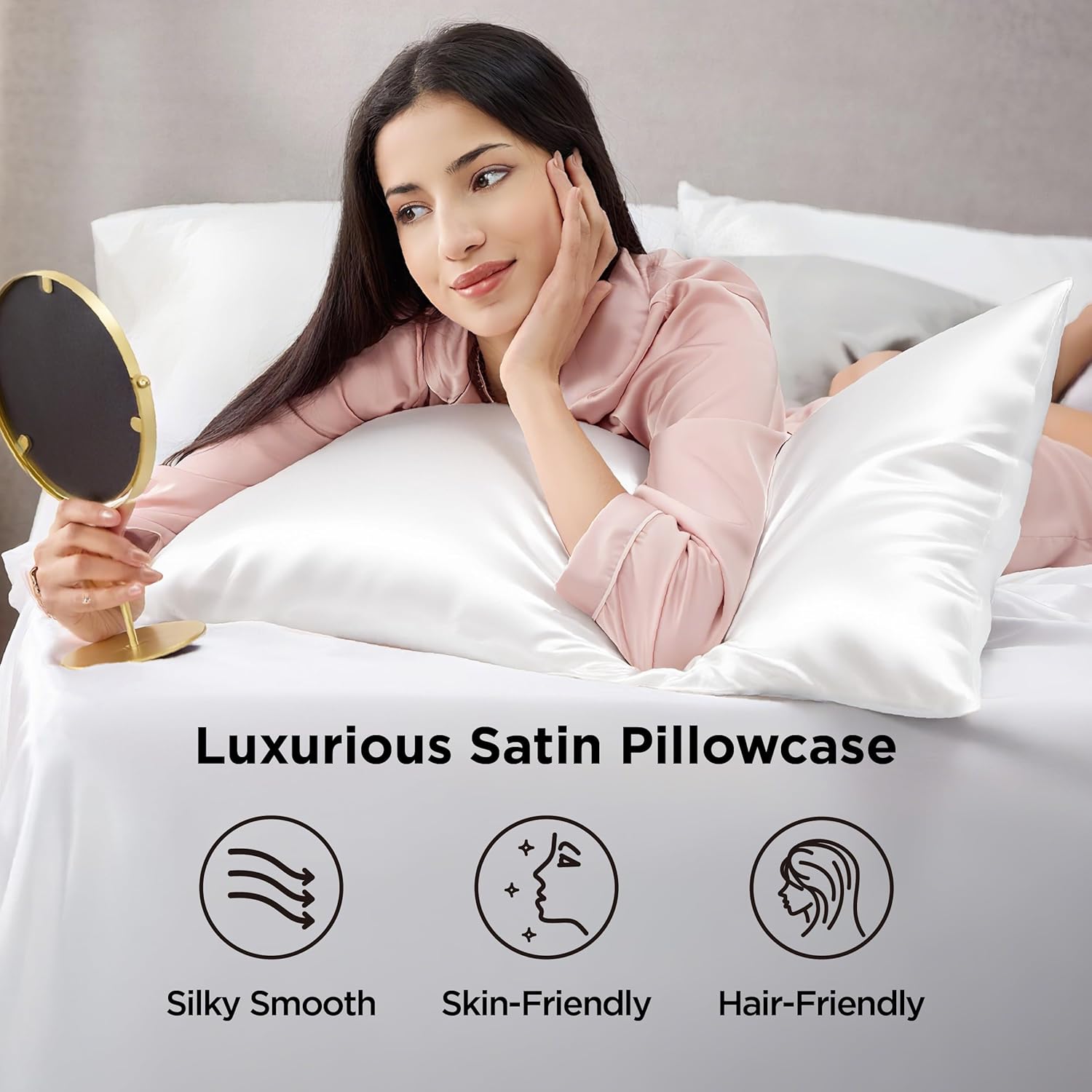 Satin Pillowcases, Pure White Cooling Pillow Case for Sleeping Women with Envelope Closure, Gifts for Women Men