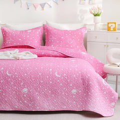 Gradient Pink Stars Kids Quilt Set Full/Queen, Space Theme Girls Bedspread Coverlet with Pillow Shams, Soft Lightweight Summer Quilted Blanket