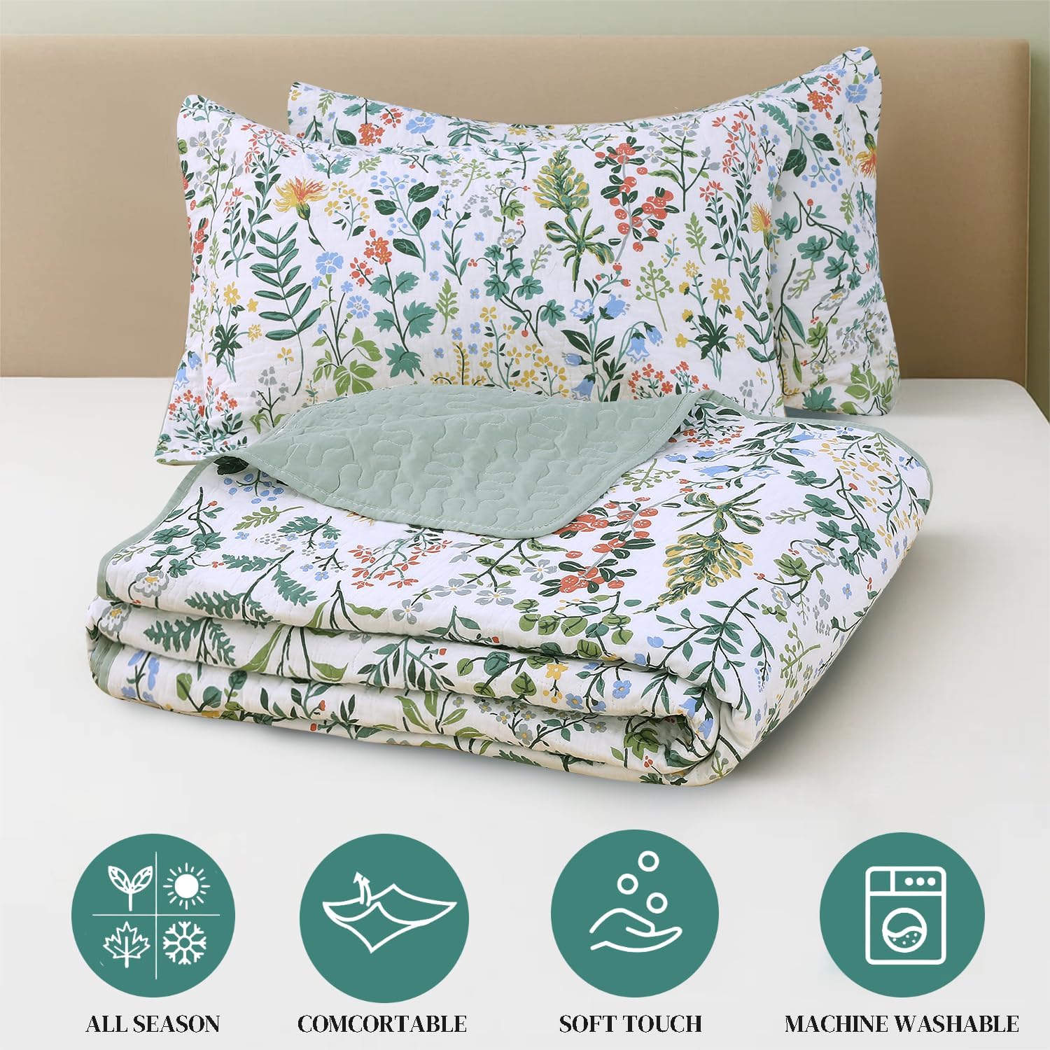 100% Cotton Quilt Set Full Queen Size 3 Piece, Garden Style Floral Printed Bedding Coverlet Set, Lightweight Soft Reversible Bedspread Sets for All Season (1 Quilt & 2 Pillow Shams)