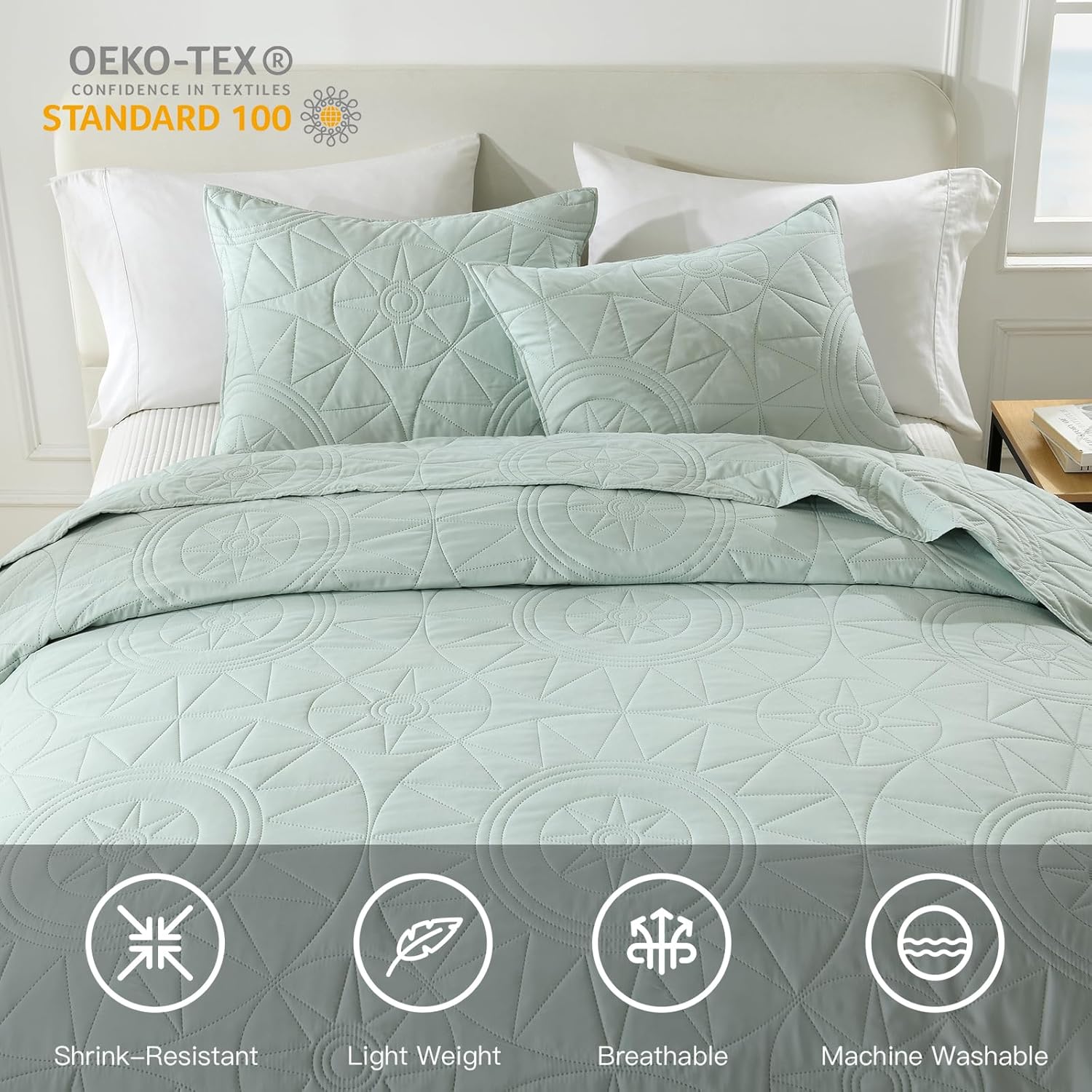 Steppdecken-Set (173,2 x 218,4 cm) – leichte Tagesdecke aus Mikrofaser in Salbeigrün mit 1 Kissenbezug