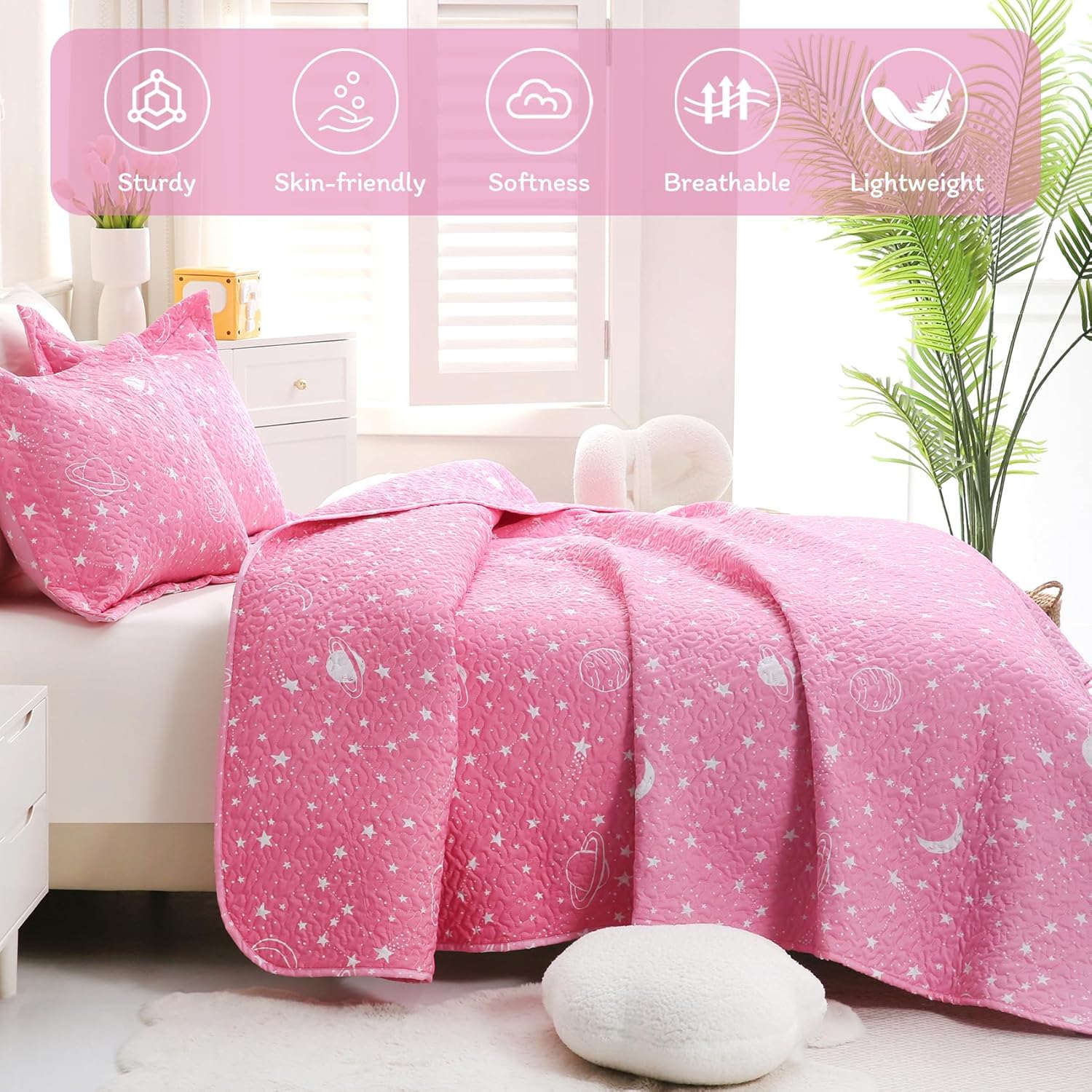Gradient Pink Stars Kids Quilt Set Full/Queen, Space Theme Girls Bedspread Coverlet with Pillow Shams, Soft Lightweight Summer Quilted Blanket