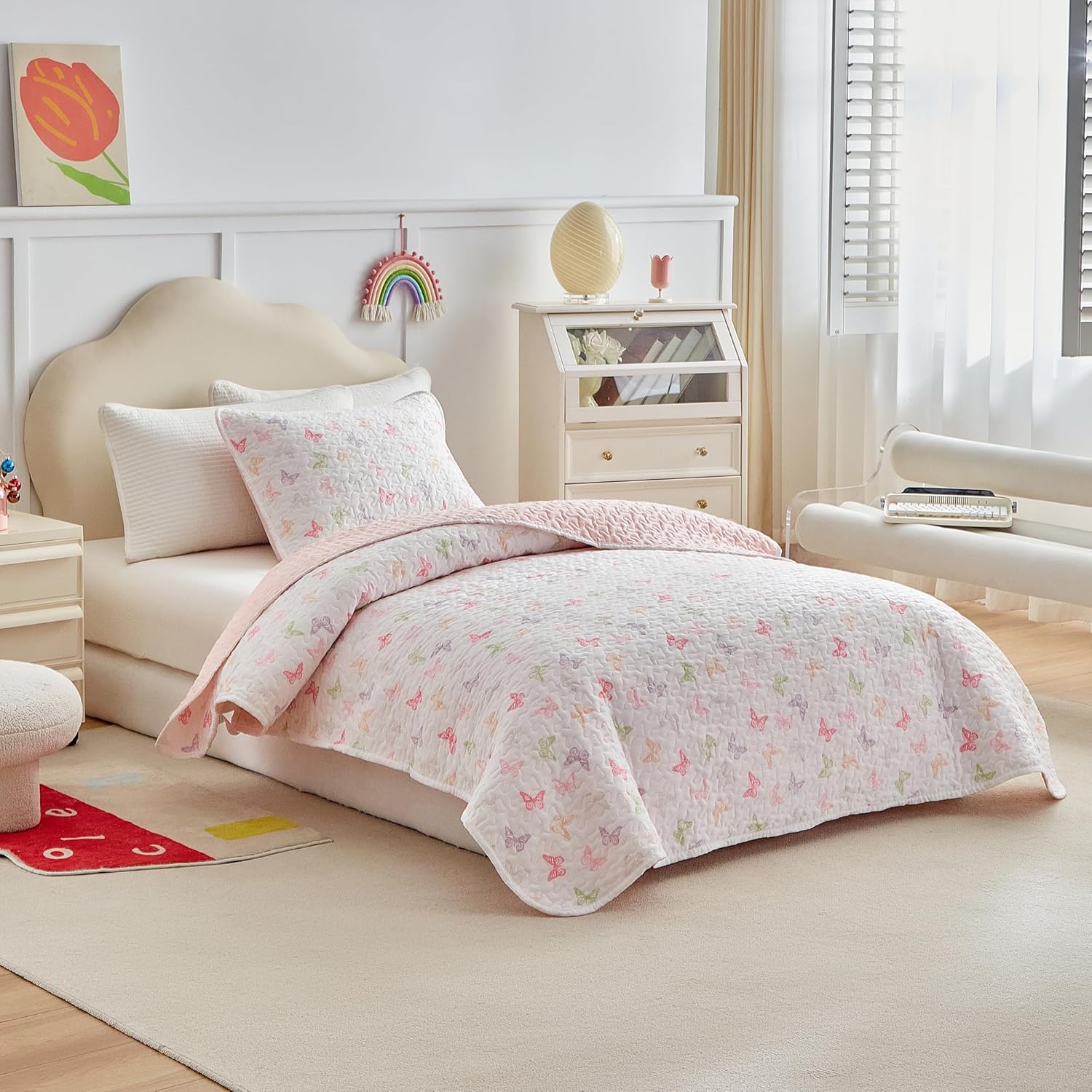 Quilt Set for Girls, Colorful Butterflies Pink Design, 2pcs Soft n Cozy Microfiber Quilt