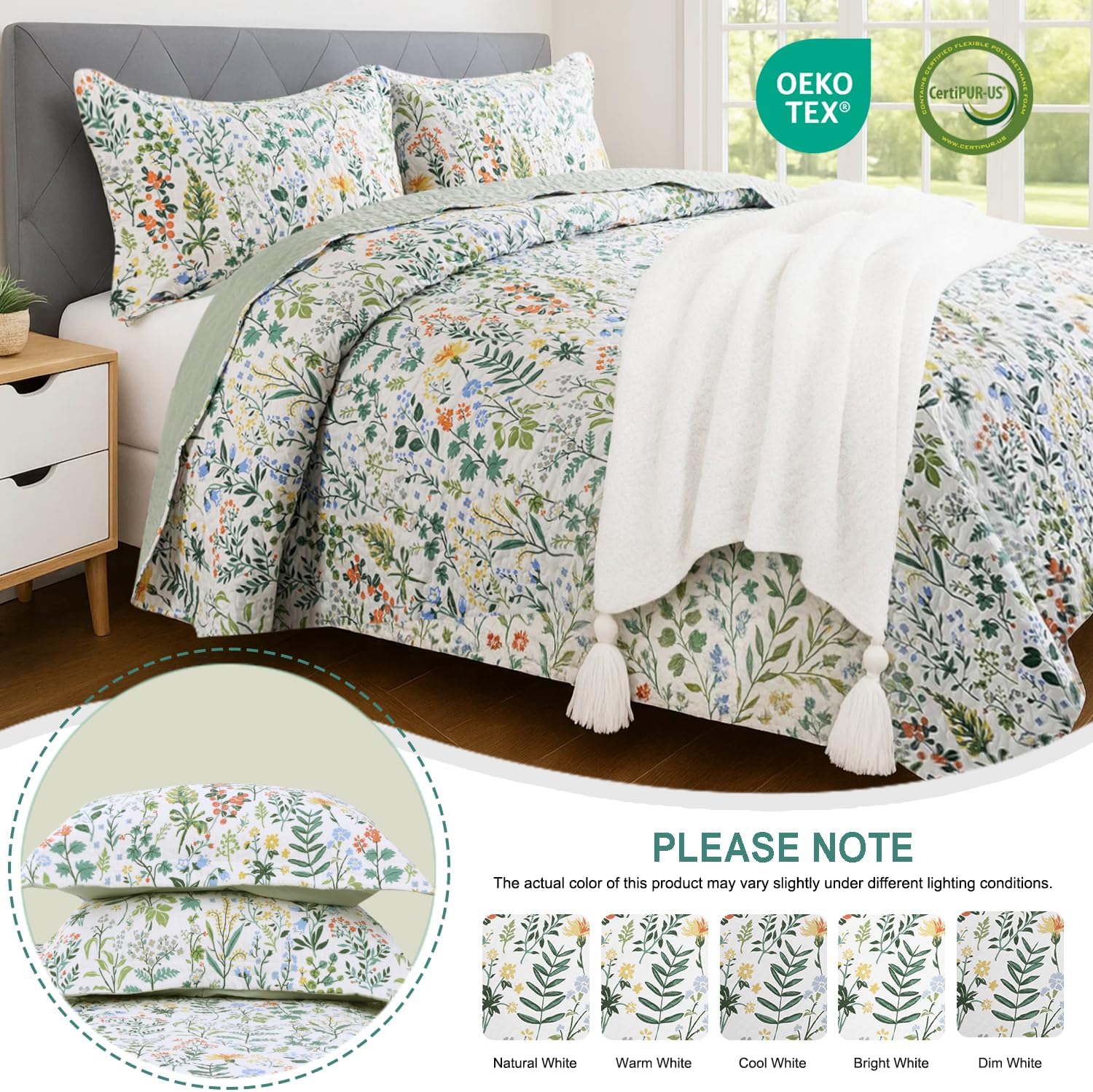 100% Cotton Quilt Set Full Queen Size 3 Piece, Garden Style Floral Printed Bedding Coverlet Set, Lightweight Soft Reversible Bedspread Sets for All Season (1 Quilt & 2 Pillow Shams)