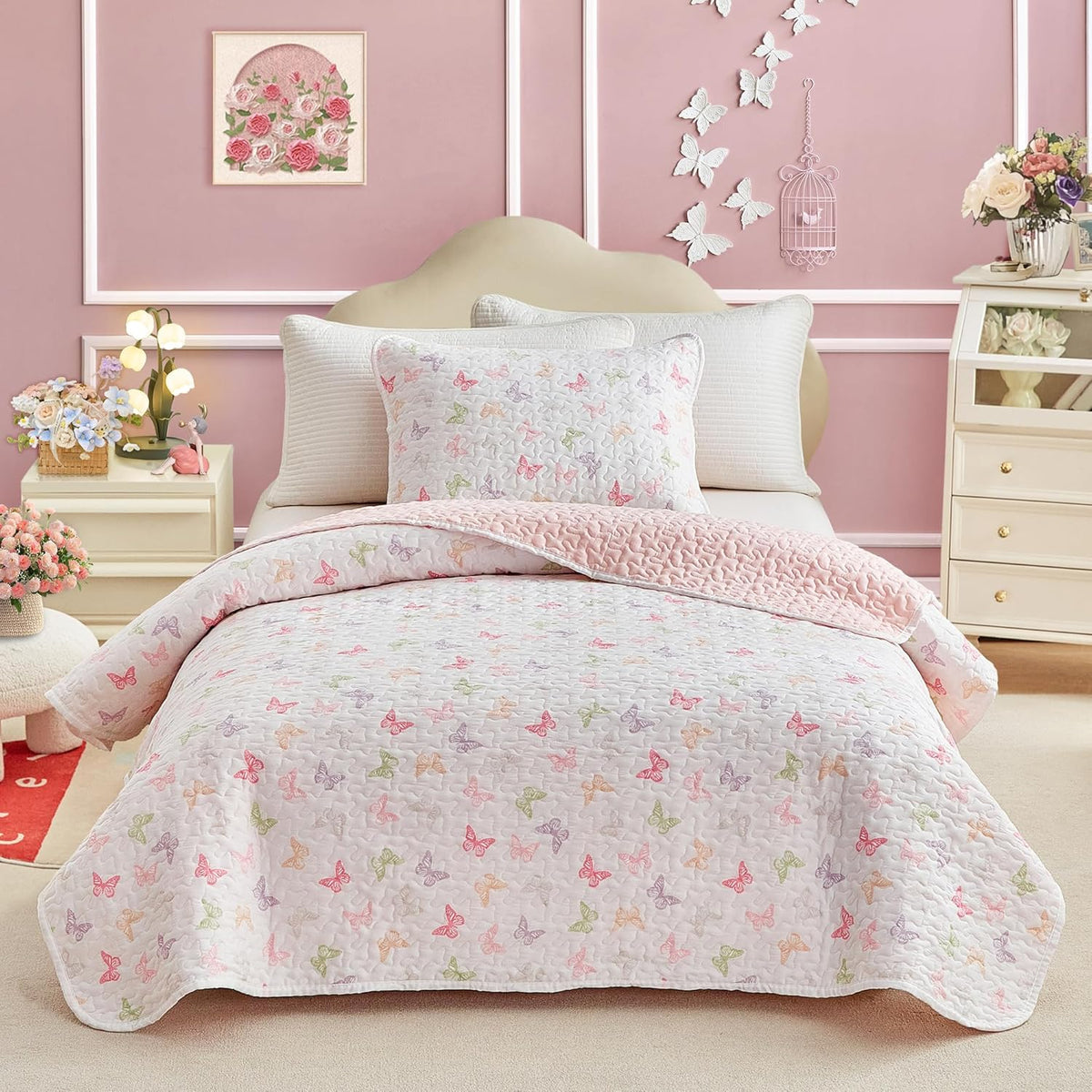 Quilt Set for Girls, Colorful Butterflies Pink Design, 2pcs Soft n Cozy Microfiber Quilt