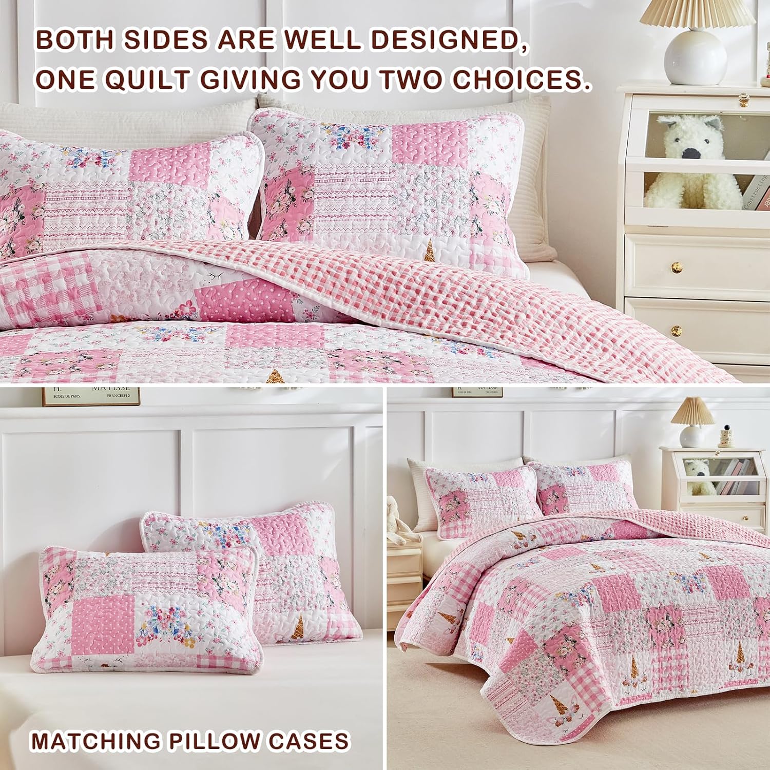 Quilt Set for Girls, Pink Butterflies n Flowers Patchwork Design, 2 Pieces Soft n Cozy Microfiber Quilt, Bedspread Bed Cover for All Seaso