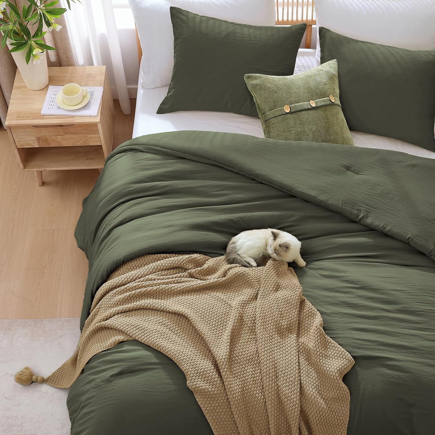 Comforter Set - 3 Pieces Prewashed Olive Green Comforter Soft Lightweight for All Seasons