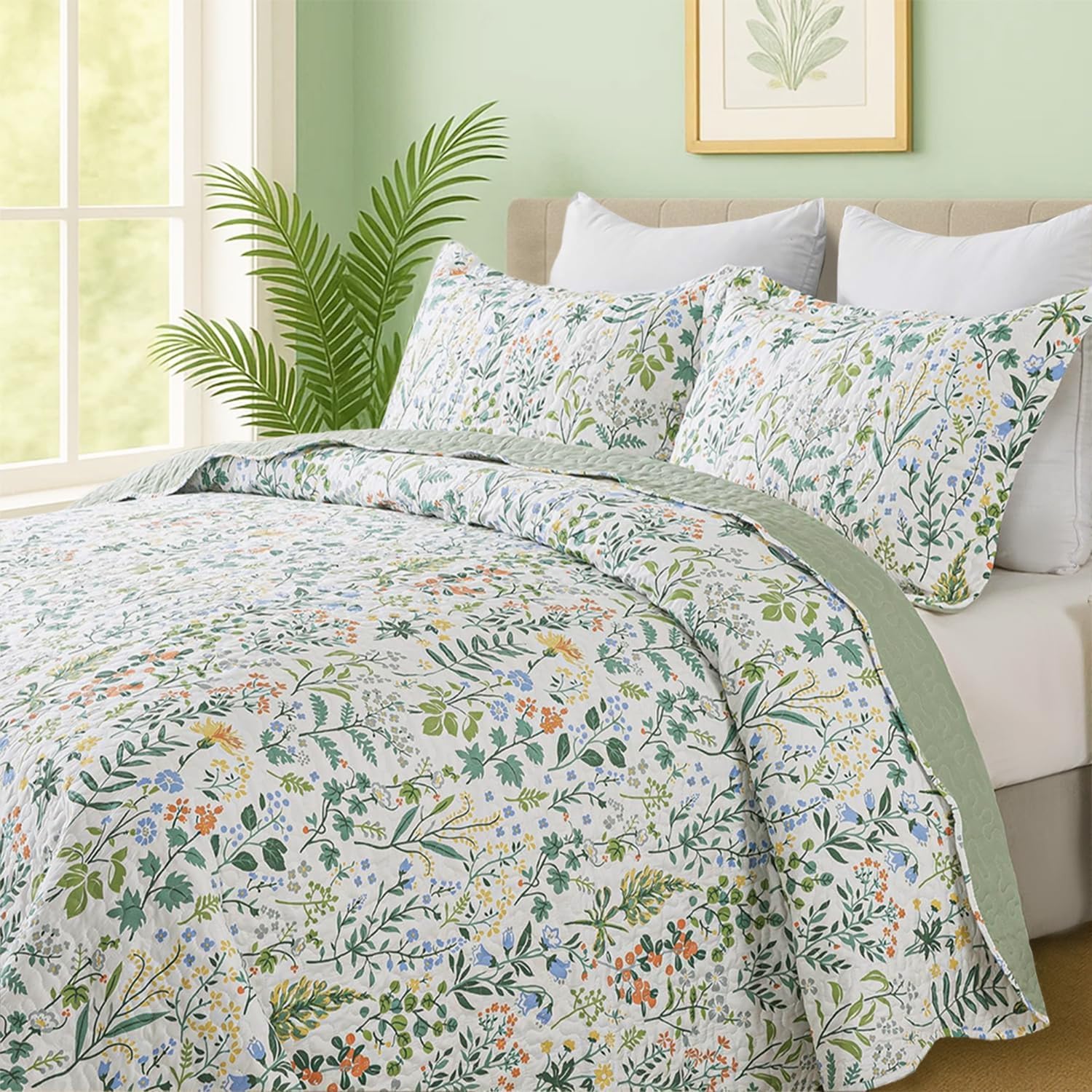 100% Cotton Quilt Set Full Queen Size 3 Piece, Garden Style Floral Printed Bedding Coverlet Set, Lightweight Soft Reversible Bedspread Sets for All Season (1 Quilt & 2 Pillow Shams)