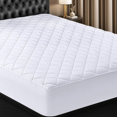Quilted Fitted Mattress Pad, Queen Size, Elastic Fitted Mattress Topper Protector and Cover Stretches up to 16 Inches Deep, Machine Washable (White)