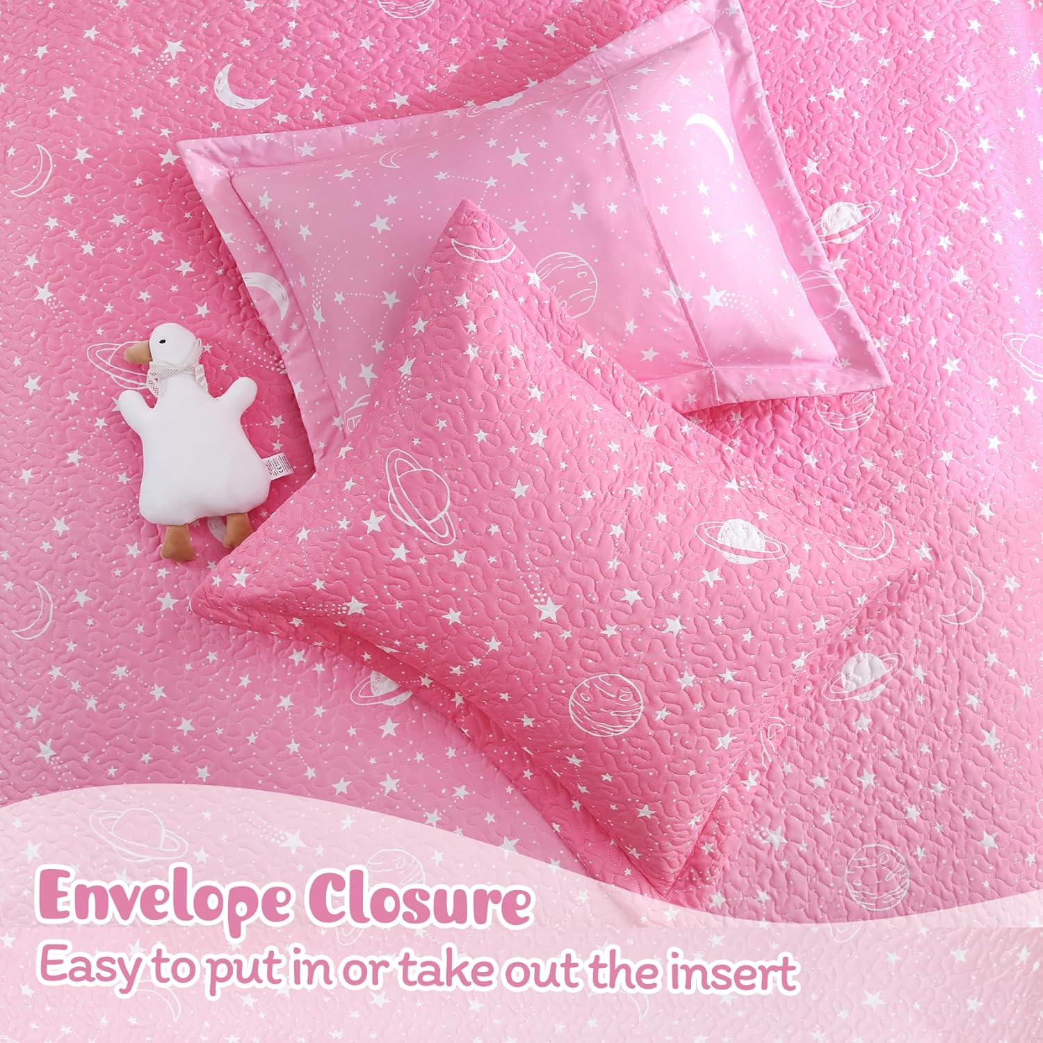 Gradient Pink Stars Kids Quilt Set Full/Queen, Space Theme Girls Bedspread Coverlet with Pillow Shams, Soft Lightweight Summer Quilted Blanket