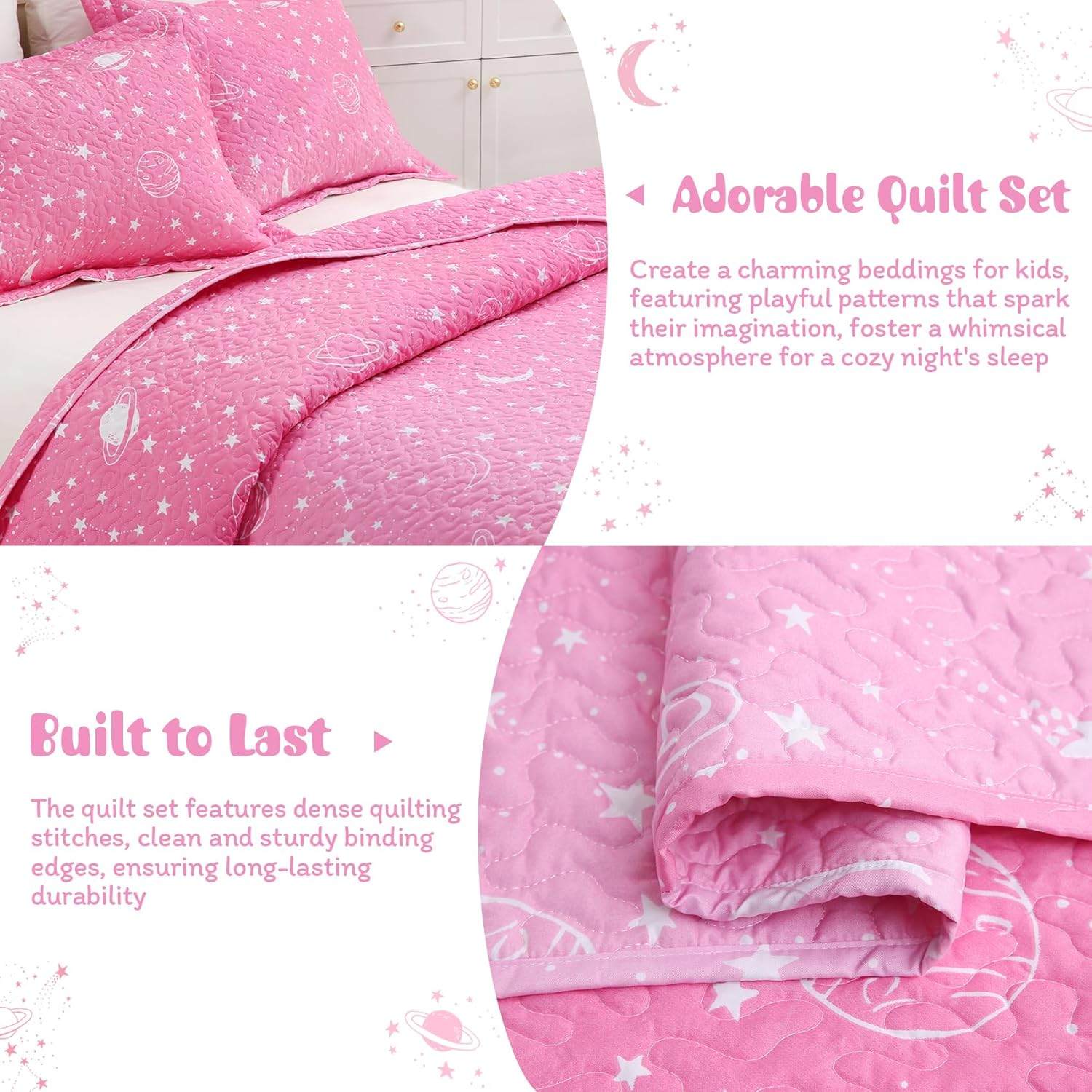 Gradient Pink Stars Kids Quilt Set Full/Queen, Space Theme Girls Bedspread Coverlet with Pillow Shams, Soft Lightweight Summer Quilted Blanket