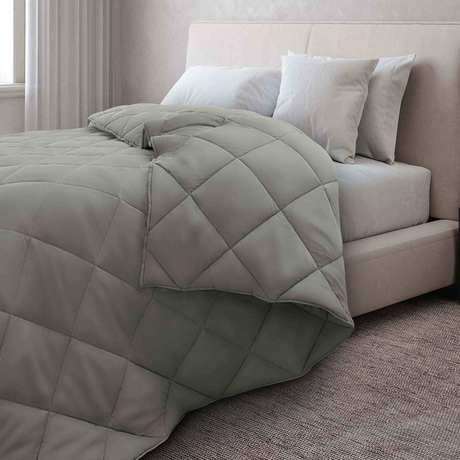 Soft Breathable Down Alternative Diamond Stitched, All Season Grey Comforter with Double Stitched Piping