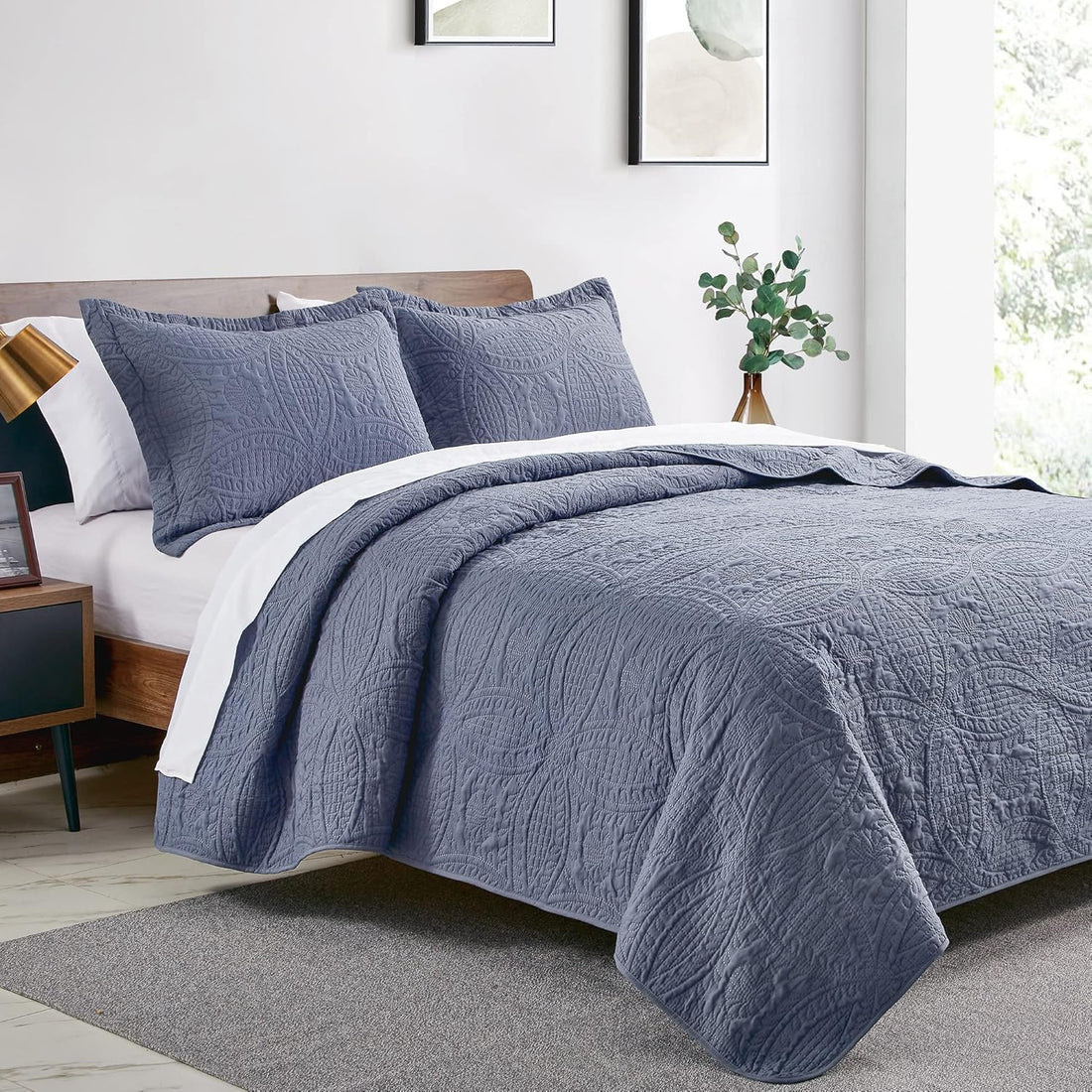 Quilts for Queen Bed Blue Bedspreads - Soft Bed Summer Lightweight Bedspread Comforter - Modern Style Coin Pattern Coverlet for All Season - 3 Pieces (1 Quilt, 2 Pillow Shams)