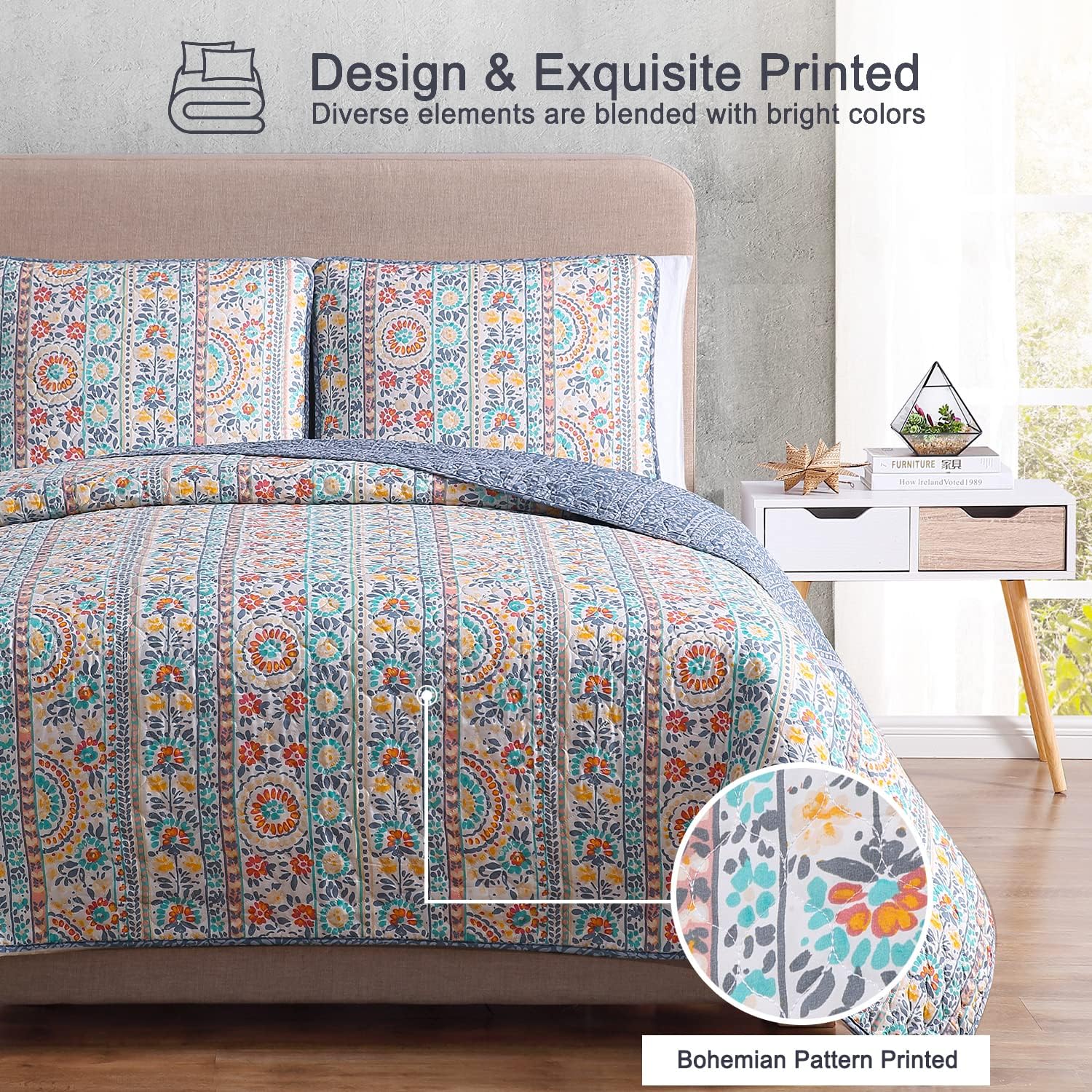 Bohemian Quilt Set Full Queen Size 3 Piece, Cosima Striped Pattern Printed Bedding Coverlet Set, Lightweight Soft Reversible Bedspread Sets for All Season