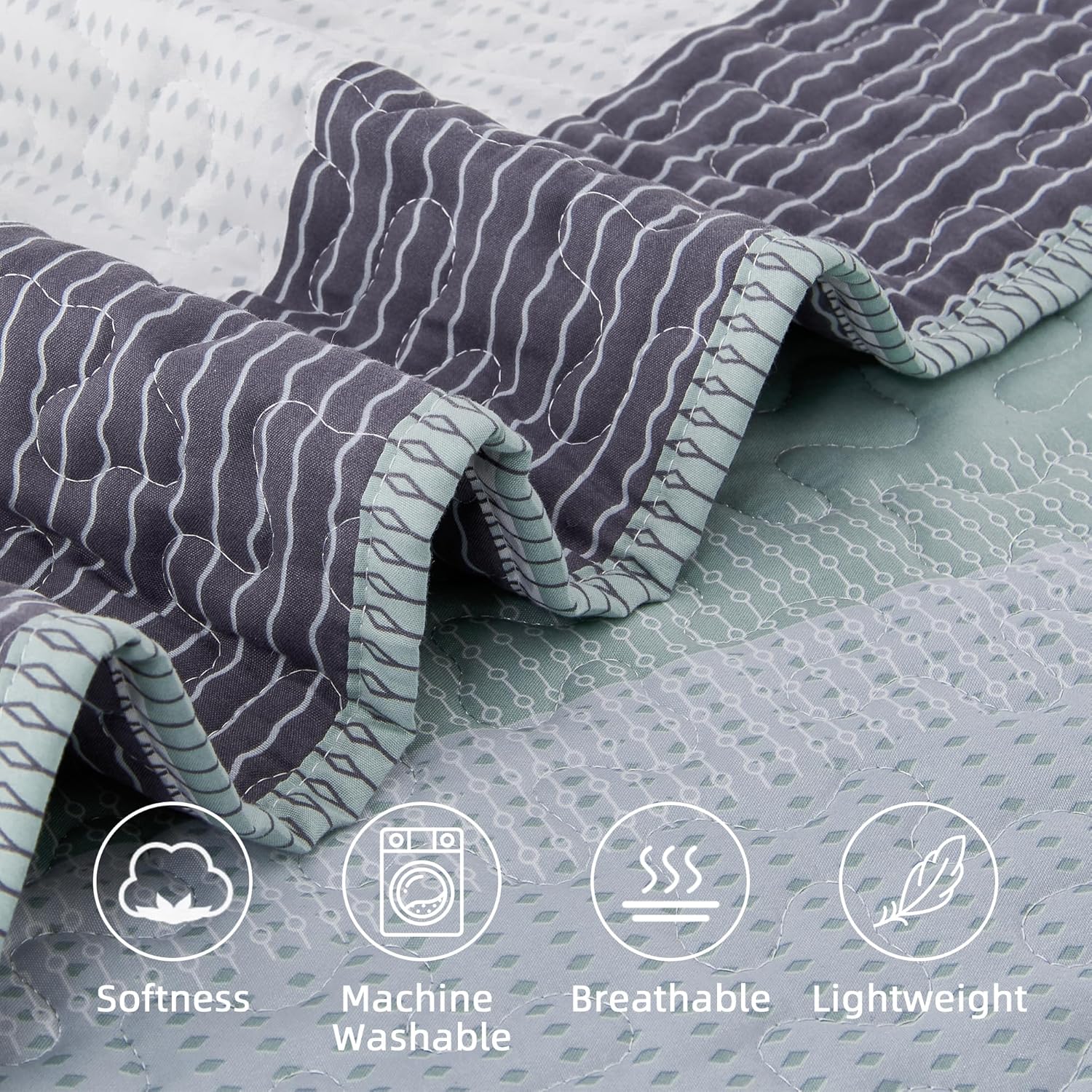 Kingsize-Steppdeckenset in Salbeigrün, 3-teiliges mintgrünes, ultraweiches, leichtes Tagesdecken- und Bettdeckenset, gestreiftes Patchwork-Steppbettwäscheset für alle Jahreszeiten