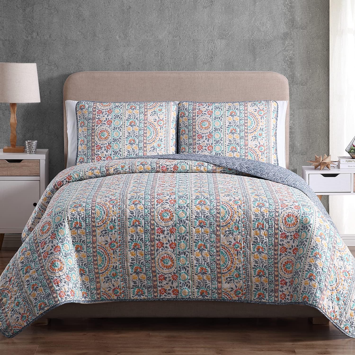 Bohemian Quilt Set Full Queen Size 3 Piece, Cosima Striped Pattern Printed Bedding Coverlet Set, Lightweight Soft Reversible Bedspread Sets for All Season